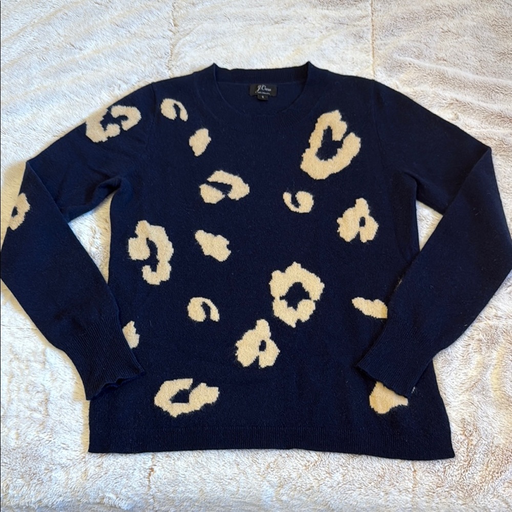 J.Crew Small Everyday Cashmere in Navy Camel Leopard Intarsia Knit Sweater